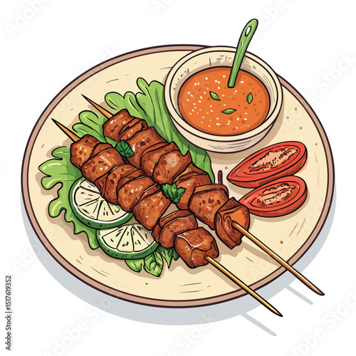 Photograph of delicious Malaysian satay skewers, grilled meat on skewers, isolated on a pure white background.  High-resolution image showing texture and detail.
