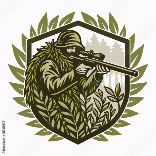 Create a detailed emblem featuring a camouflaged sniper hidden within a ghillie suit, emphasizing stealth and precision.  The emblem should evoke a sense of mystery and danger.