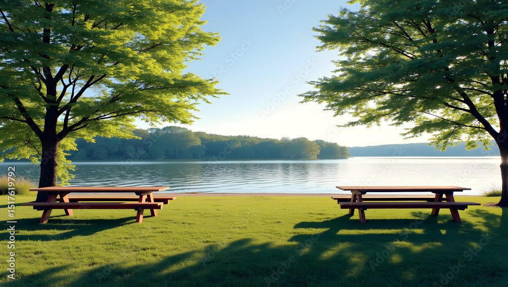 Obraz premium Serene lakeside park with family picnic areas
