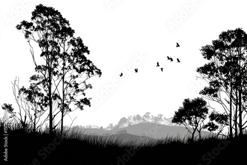 Silhouette landscape featuring two prominent trees flanking a valley with distant hills and a flock of birds in flight against a white background.  The scene is rendered in stark black and white