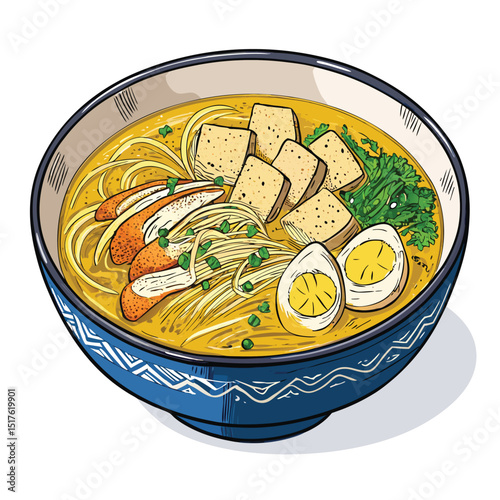 Create a mouthwatering studio shot of Soto Ayam, a Malaysian chicken soup, isolated on a pure white background, showcasing its rich broth, tender chicken, and vibrant garnishes.
