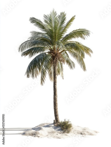 A single palm tree stands on a small, sandy mound against a stark white background. Its fronds are a mix of green and gray-green, casting a subtle shadow beneath