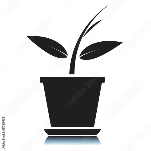 Stylized Potted Plant Silhouette with Two Leaves and Two Shoots