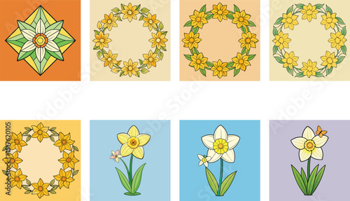 Daffodil Flower Cartoon Set Spring Floral Wreaths Isolated Daffodils In Different Style