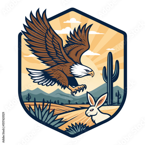 Design a heraldic emblem featuring a majestic eagle in a dynamic swoop, its talons firmly grasping a rabbit.  Focus on sharp detail and powerful imagery.