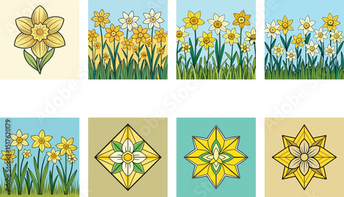 Colorful Daffodils Flowers Illustrations Vector Set For Spring Design And Decoration