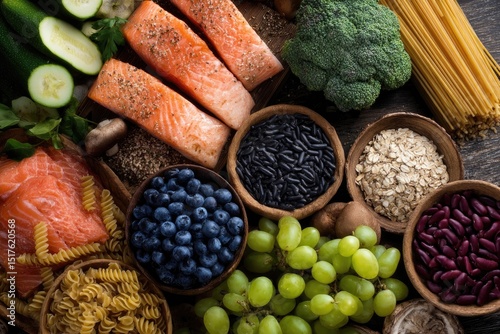 Assorted healthy foods on a rustic surface photo
