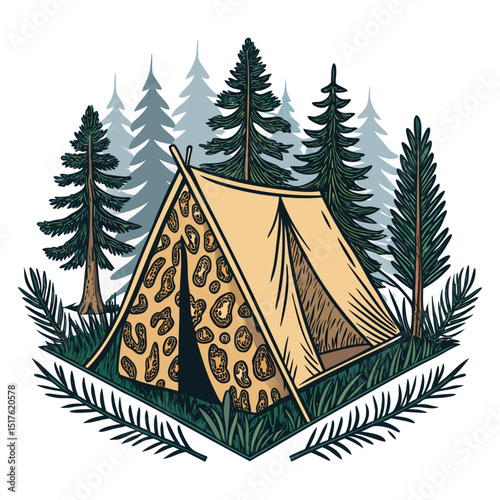 Design a rugged emblem featuring a tent crafted from animal hides, incorporating a prominent 'P' initial, suggesting wilderness survival or exploration.