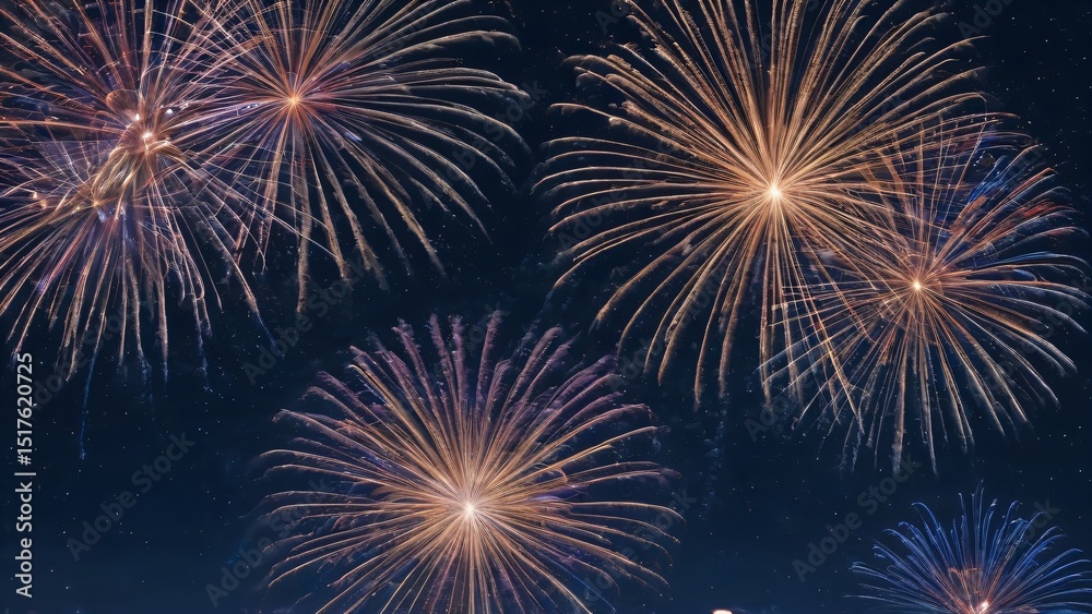 Naklejka premium Bright Fireworks Exploding Against a Night Sky During a Festive Celebration