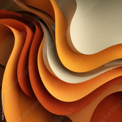 Abstract image of flowing, undulating layers of textured paper in warm, earthy tones of orange, brown, and cream.  The curves create depth and a sense of movement