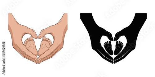 cute baby feet in mother's hands, mother's love parent's care for child, newborn baby's feet, Two adult hands are gently holding the feet of a newborn baby, symbolizing love, care, and protection.