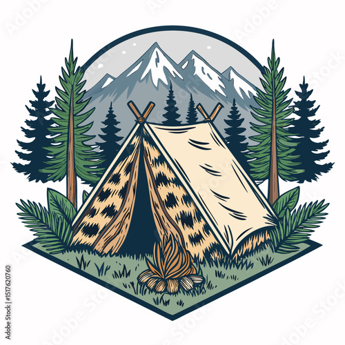 Design a rugged emblem a sturdy tent, animal hides draped over it, incorporating a prominent 'P'.  Focus on a wilderness survival theme.