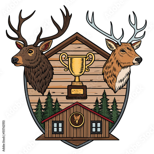 Design a majestic emblem featuring a trophy wall adorned with impressive antlers and a mounted animal head, conveying prestige and hunting heritage.
