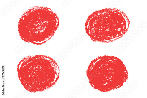 Hand drawn red circles with crayon texture. Rough scribble style with chalk like edges and bold marker look. Grunge round shapes with pastel or pencil effect