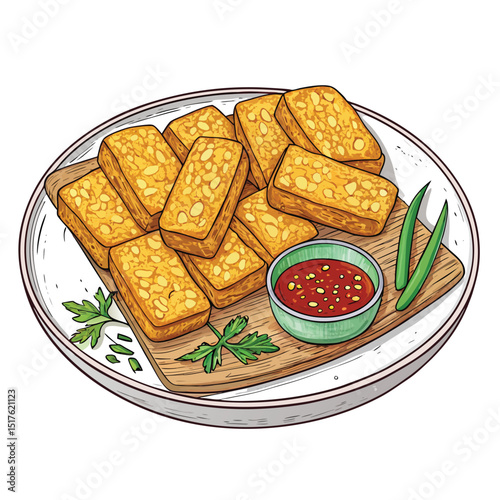 Create a high-resolution image of Tempe Goreng, a Malaysian fried tempeh dish, isolated on a pure white background.  Show crispy texture and appealing golden-brown color.