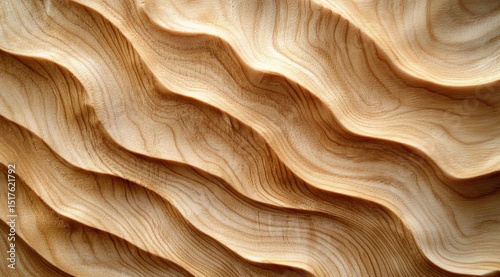 Abstract close-up of light brown wood with a carved undulating wave pattern, showcasing the grain and texture