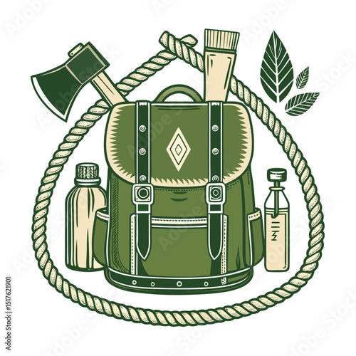 Design a vintage emblem featuring a hunter's backpack with an axe, incorporating classic forestry and hunting motifs.  Include detailed textures and a distressed look.