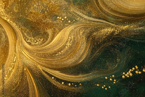 Abstract swirling gold and dark green fluid with glitter.  The image features dynamic, flowing lines and textures