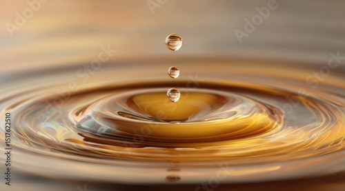 Amber liquid drop impacting surface, creating ripples