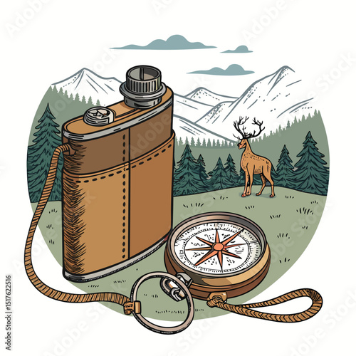 A detailed close-up shot of a vintage hunter's flask and compass, adorned with a classic deer emblem.  Showcase meticulous detail and aged textures.