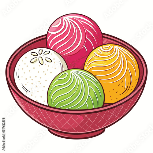 Vibrant Thai dessert featuring colorful, small rice flour balls in a sweet, creamy coconut milk-based sauce.  Close-up studio shot.