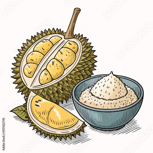 Close-up studio shot of Thai durian sticky rice dessert isolated on a white background. Show the texture and vibrant colors.
