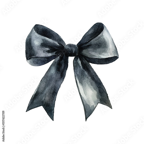 Watercolor illustration of a black ribbon bow on transparent background for decoration