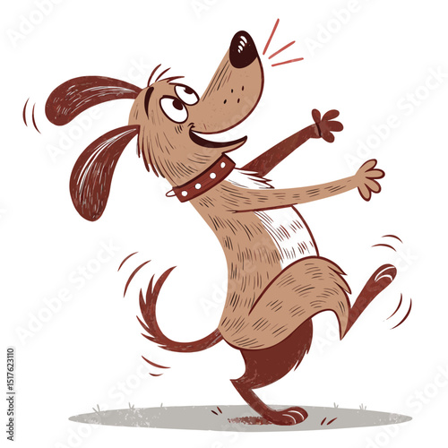 Generate a 1930s-style cartoon illustration of a dancing dog, isolated on a white background.  The dog should be expressive and full of movement. photo