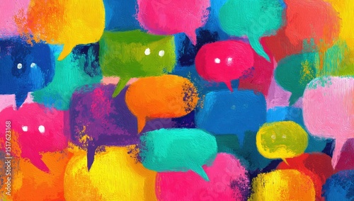 A vibrant, abstract painting features numerous colorful speech bubbles, suggesting communication and conversation.  The impasto style adds texture and energy