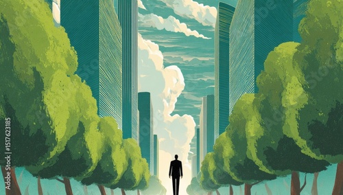 A lone figure walks down a tree-lined path towards a city, contrasting nature and urban development, under a partly cloudy sky