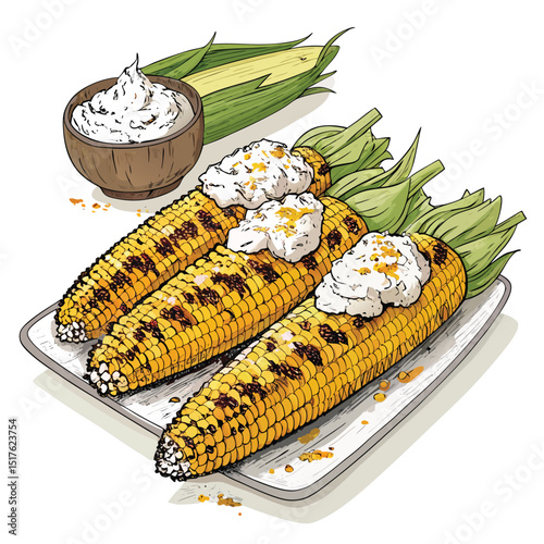 Studio shot of delicious grilled Thai corn on the cob, generously topped with creamy coconut flakes, isolated on white background.