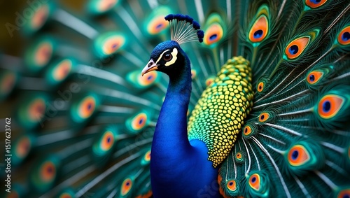 Striking portrait of a peacock with radiant green plumage fully displayed in a captivating scene.