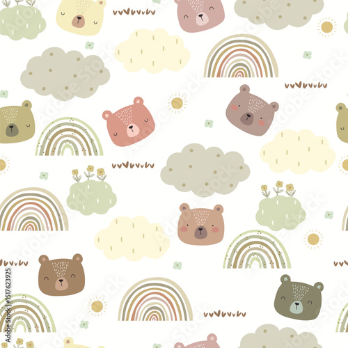 Hand drawn bears, flowers, clouds and rainbows. Vector illustration with cartoon animals, seamless pattern.