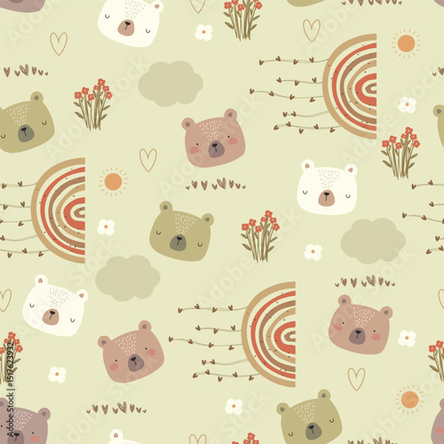 Cute hand drawn bears, rainbows, flowers and hearts. Vector illustration with cute cartoon animals.