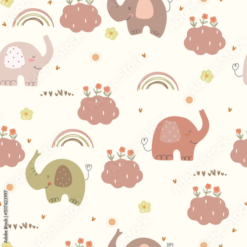 Cute elephants, flowers and rainbows, seamless pattern. Vector illustration with hand drawn animals for wrapping paper, wallpaper, fabric.