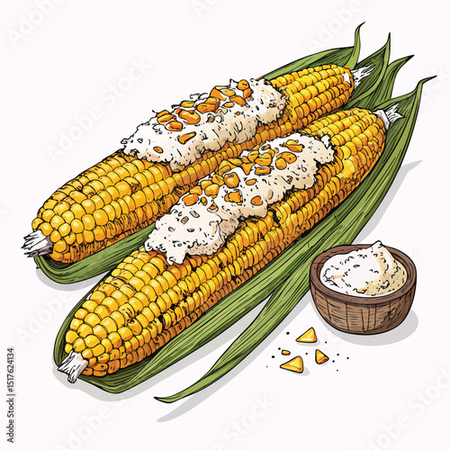 Close-up studio shot of grilled Thai corn on the cob, generously topped with creamy coconut flakes, isolated on a white background.