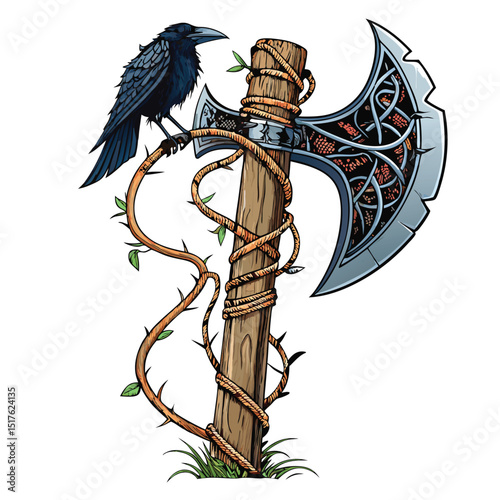 A battle axe, weathered and ancient, entwined with lush green vines, a crow perched majestically on its top.  Highly detailed, fantasy art style.