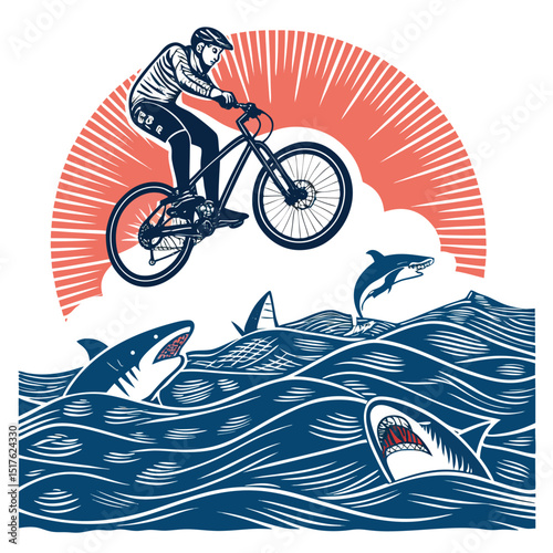 Design a badge depicting a bicycle executing a daring jump over shark-infested, turquoise water.  Style should be vibrant and cartoonish.