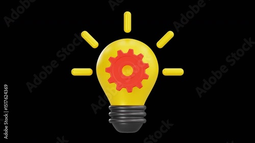 3D Animation of Creative Idea Lightbulb with Gear, Alpha Channel
