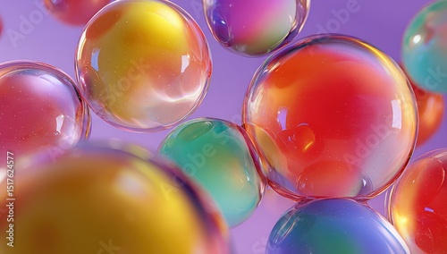 Vibrant, translucent spheres float against a soft purple backdrop, showcasing iridescent color gradients and reflective surfaces. 
