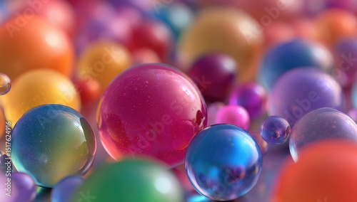 A close-up showcases numerous vibrant, glossy spheres in various sizes and colors, creating a dynamic and colorful composition. 