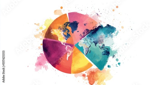 A watercolor-style world map is segmented into a pie chart, with each section exhibiting diverse, vibrant hues and splatters surrounding it, suggesting global interconnectedness