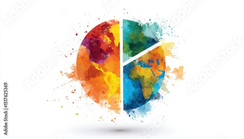 A watercolor-style world map is divided into four pie chart segments, surrounded by colorful splatters, creating a vibrant and dynamic global representation