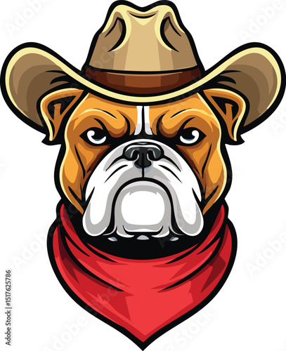 Cowboy bulldog wearing a hat and red bandana, cartoon mascot design.