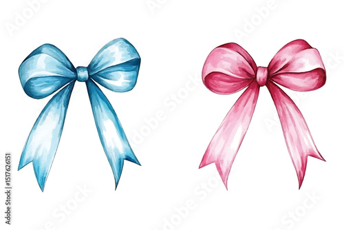 Watercolor blue and pink ribbon bows for baby shower vector design