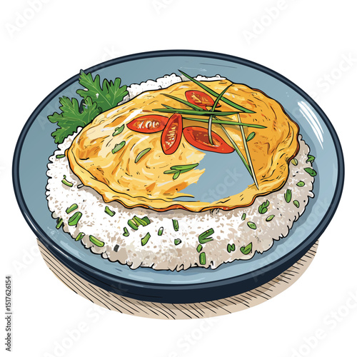 A delicious Thai omelette, perfectly cooked, served over fluffy jasmine rice, isolated on a pristine white background.  High-resolution food photography.