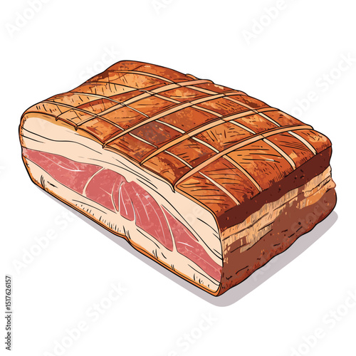 Close-up shot of succulent Thai-style roasted pork belly with incredibly crispy skin, isolated on a pure white background.  Show glistening skin and tender meat.