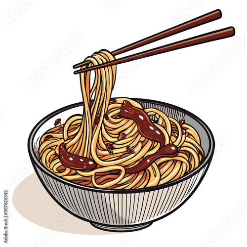 Close-up studio shot of a delicious portion of Thai rice noodles glistening with sweet soy sauce, isolated on a white background.