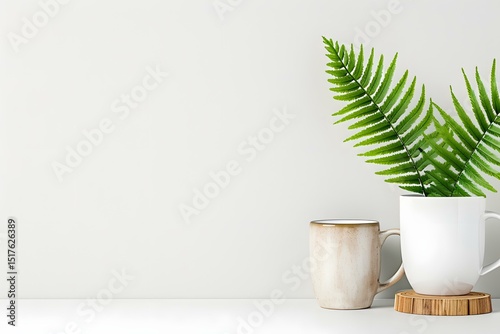 Minimalist Home Decor with Mugs and Ferns