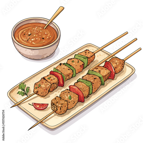 Close-up shot of delicious Thai satay skewers marinated in a rich sauce, served with a side of creamy peanut dipping sauce, isolated on a white background.